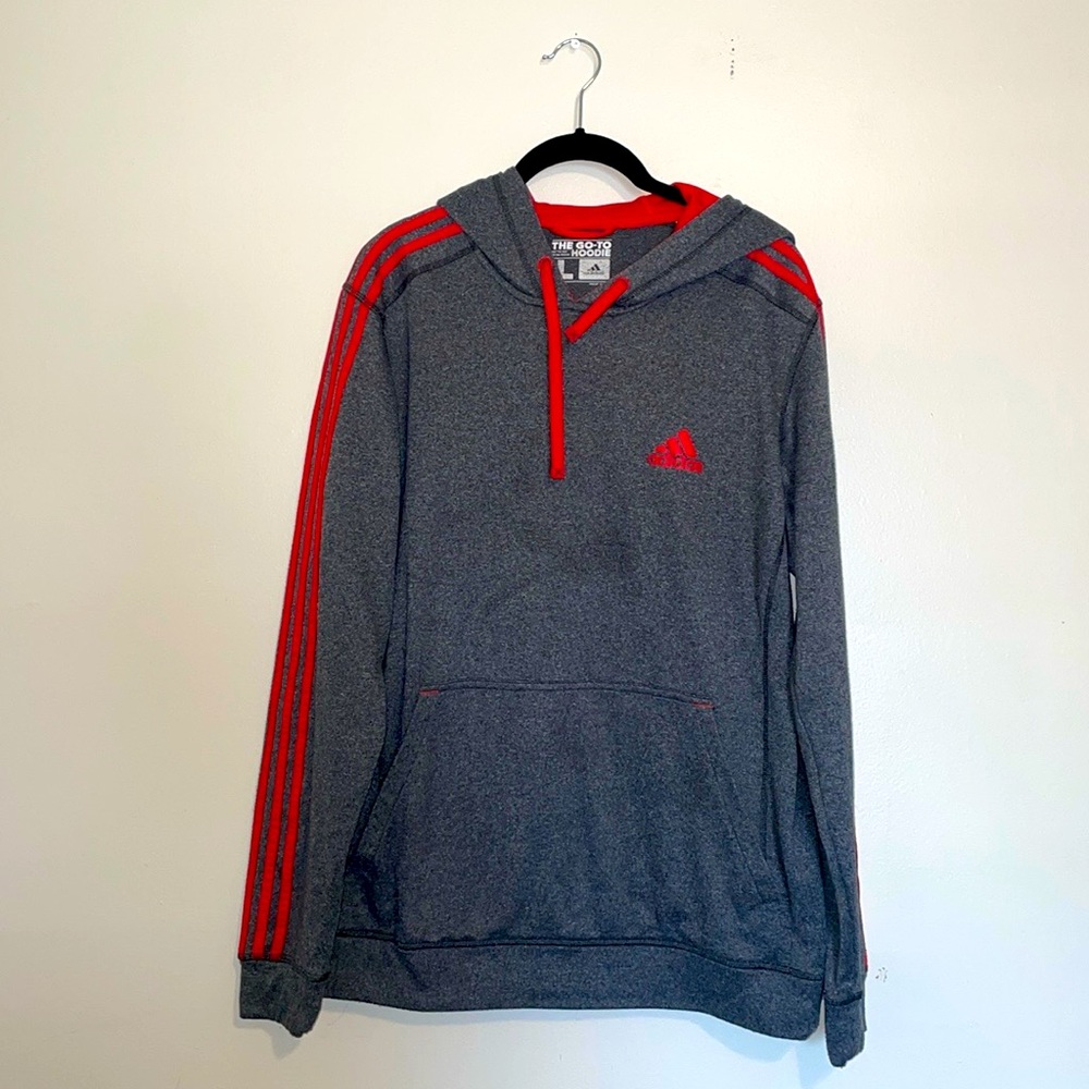 Adidas | Grey & Red Pullover Hooded Sweatshirt